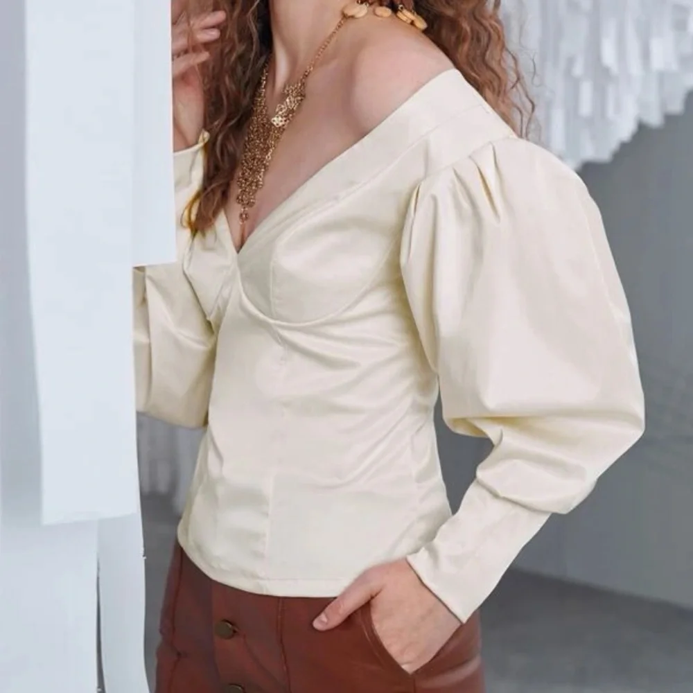 Cream / ivory Off Shoulder Bishop Sleeve puff Sleeve Zip Back Blouse - Picture 4 of 10